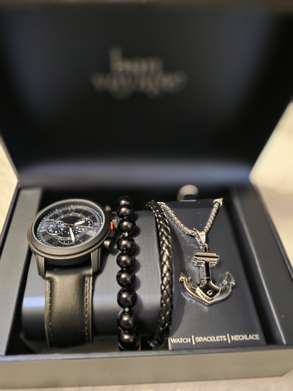 Men's Black Anchor Necklace & Watch Gift Set